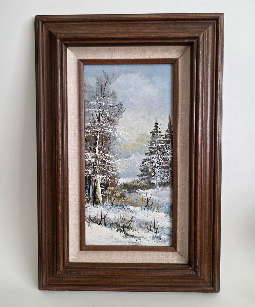 Vintage Original Winter Landscape Oil Painting Framed Snowy Forest Signed